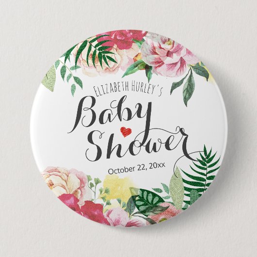 Elegantes Watercolor Blumen Kinderdusche Pinback Button (Vorderseite)