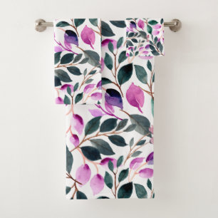 Elegantes Watercolor Blumenmuster Lila grün Badhandtuch Set