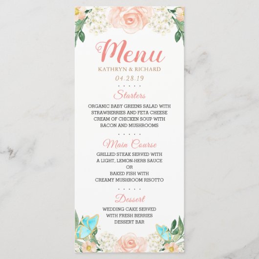 Elegantes Watercolor Blush Peach Floral Wedding Me Menükarte (Vorderseite)