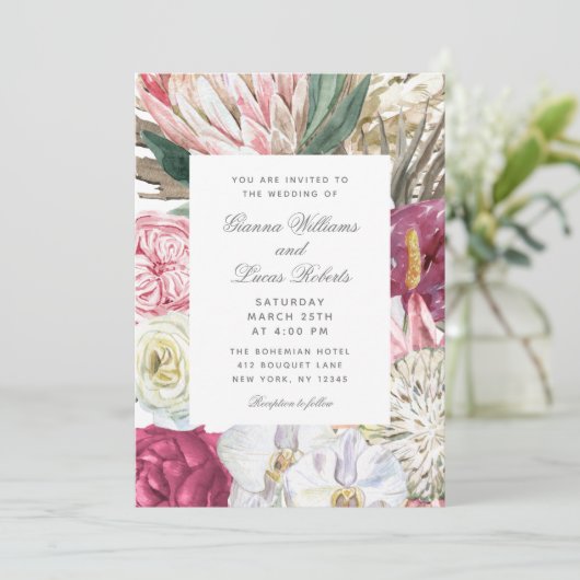 Elegantes Watercolor Boho Foto Hochzeit Einladung (Stehend Vorderseite)