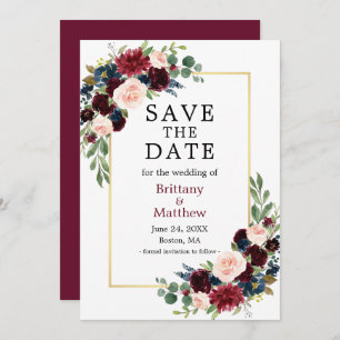 Elegantes Watercolor Burgund Blue Floral Gold Save The Date