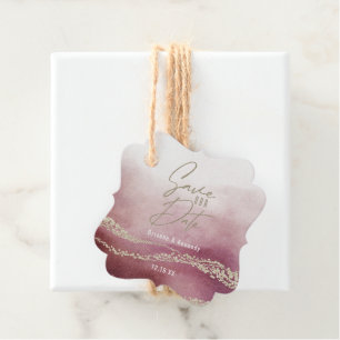 Elegantes Watercolor Burgund & Gold Save the Date Geschenkanhänger