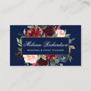 Elegantes Watercolor Burgundy Blue Gold Visitenkarte