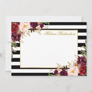 Elegantes Watercolor Burgundy Floral Striped Mitteilungskarte