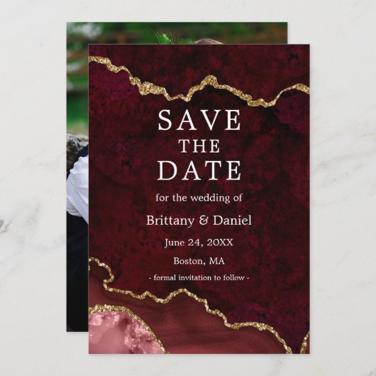 Elegantes Watercolor Burgundy Marble Geode Foto Save The Date (Vorne/Hinten)