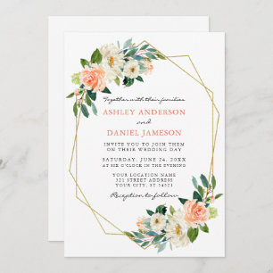 Elegantes Watercolor Coral Floral Gold Frame Foto Einladung