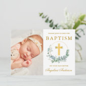 Elegantes Watercolor Eukalyptus Baptism Gold Foto Einladung (Stehend Vorderseite)