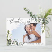 Elegantes Watercolor Eukalyptus Grünes FOTO Dankeskarte (Stehend Vorderseite)