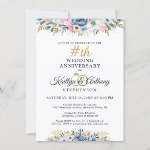 Elegantes Watercolor Floral Anniversary Navy Gold Einladung