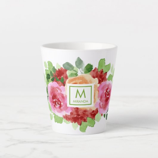 Elegantes Watercolor Floral Bouquet Monogramm Milchtasse (Vorderseite)