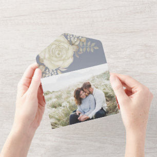 Elegantes Watercolor Floral Ivory Foliage Foto All In One Einladung