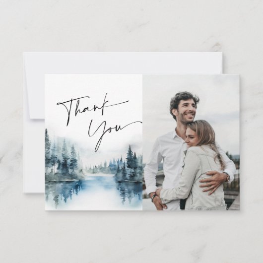 Elegantes Watercolor Foggy Forest Wedding Foto Dankeskarte (Vorderseite)