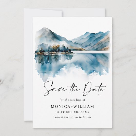 Elegantes Watercolor-Gebirge Wald Hochzeit Foto Save The Date (Vorderseite)