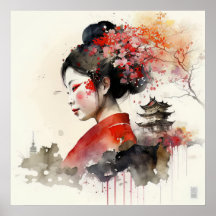 Elegantes Watercolor Geisha Portrait