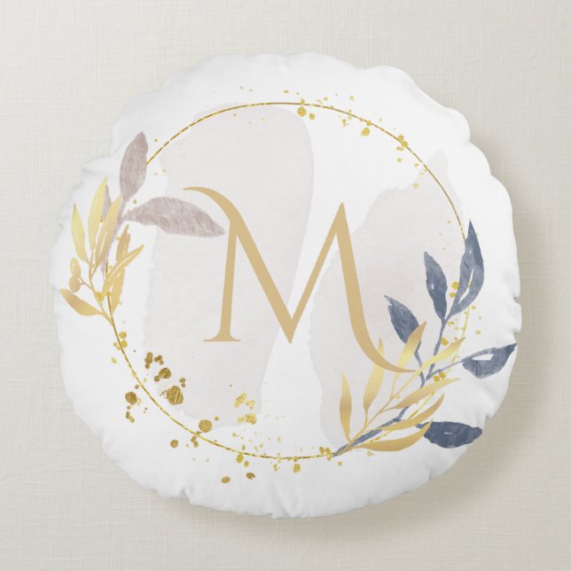 Elegantes Watercolor Gold Wreath Monogramm Rundes Kissen (Vorderseite)