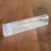 Elegantes Watercolor Gray Gold Glitzer Agate Namensplakette (Seite)