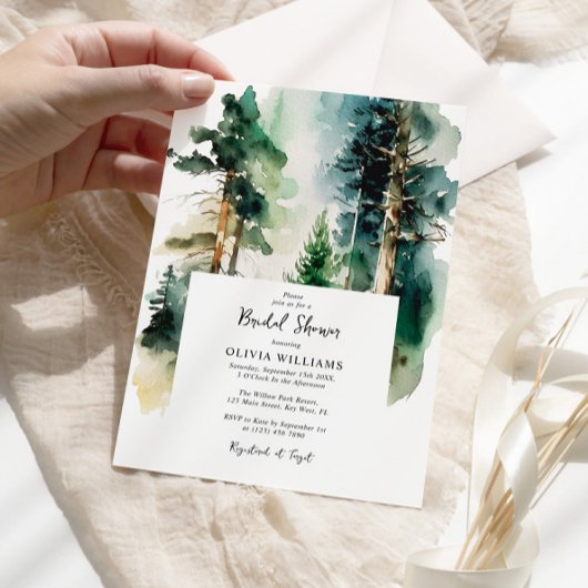 Elegantes Watercolor Green Forest Brautparty Einladung