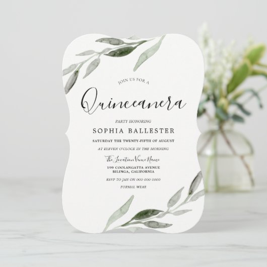 Elegantes Watercolor Green Leaf Quinceanera Party Einladung (Stehend Vorderseite)