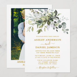 Elegantes Watercolor Greenerity Foto Wedding Gold Einladung