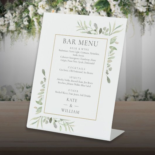 Elegantes Watercolor Greenerity Wedding Bar Menu Sockelschild