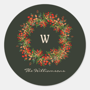 Elegantes Watercolor Greenerity Wreath Monogramm C Runder Aufkleber