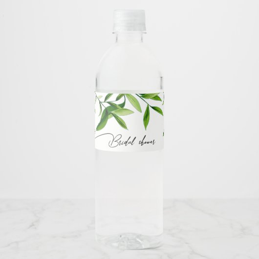 Elegantes Watercolor Greennery Blätter Brautparty Wasserflaschenetikett (Vorderseite)