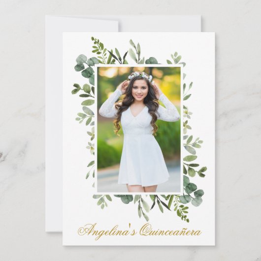 Elegantes Watercolor Grüne Foto Quinceanera Einladung (Vorderseite)