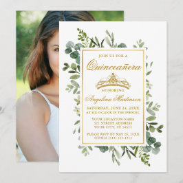 Elegantes Watercolor Grüne Goldene Quinceanera Fot Einladung