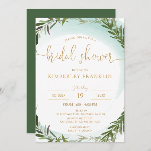 Elegantes Watercolor Grüne und Minze Brautparty Einladung (Vorne/Hinten)