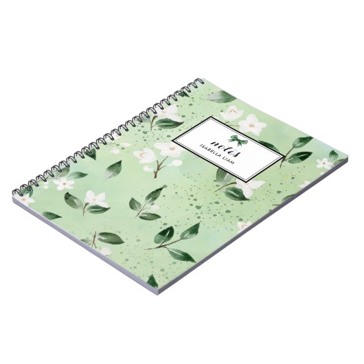 Elegantes Watercolor Grüne Weiße Blume Muster Notizblock (Linke Seite)