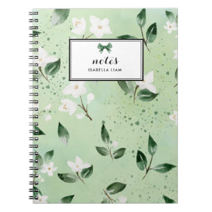 Elegantes Watercolor Grüne Weiße Blume Muster Notizblock
