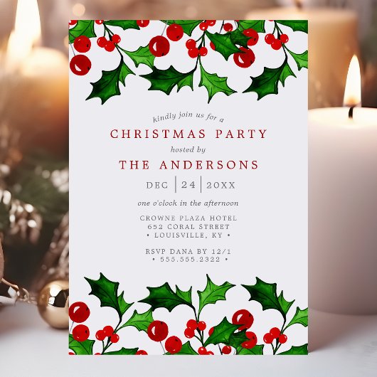 Elegantes Watercolor Holly Berries Weihnachts-Part Einladung