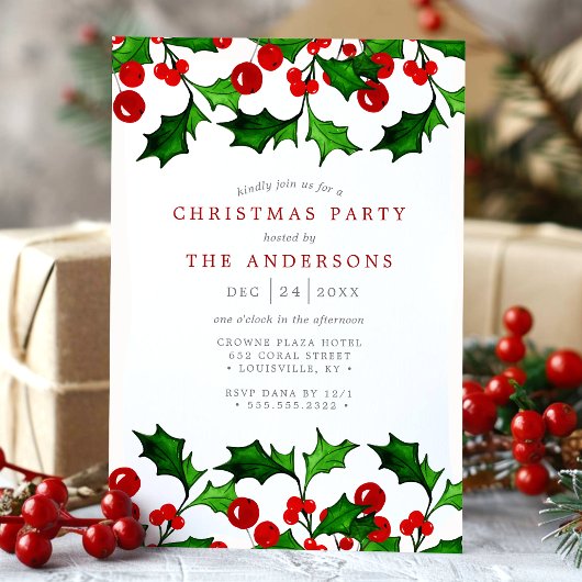 Elegantes Watercolor Holly Berries Weihnachts-Part Einladung