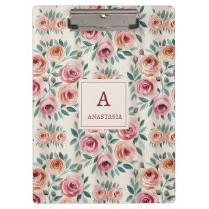 Elegantes Watercolor Hübsch Floral Monogramm Klemmbrett