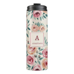 Elegantes Watercolor Hübsch Floral Monogramm Thermosbecher