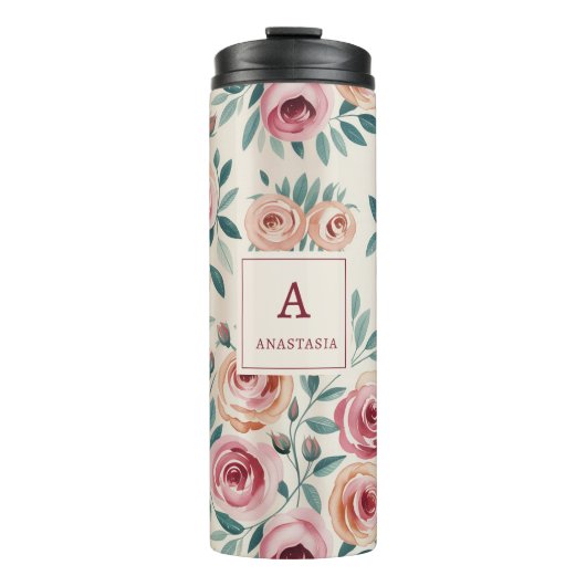 Elegantes Watercolor Hübsch Floral Monogramm Thermosbecher (Vorderseite)