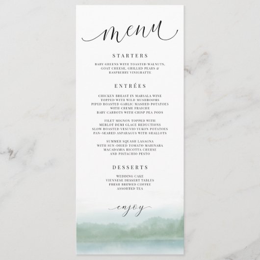 Elegantes Watercolor Lake & Trees Wedding Menu Menükarte (Vorderseite)