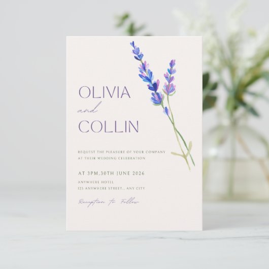 Elegantes Watercolor Lavendel Einladung zur Hochze (Stehend Vorderseite)