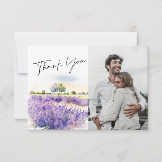 Elegantes Watercolor Lavender Blume Field Foto Dankeskarte (Vorderseite)