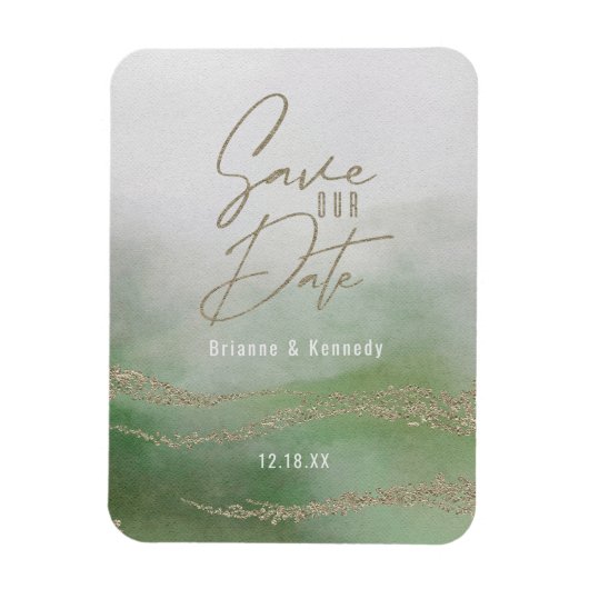 Elegantes Watercolor Leaf Green & Gold Save the Da Magnet (Vertikal)