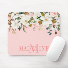 Elegantes Watercolor Magnolias Rose Blumenmonogram Mousepad