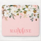 Elegantes Watercolor Magnolias Rose Blumenmonogram Mousepad (Vorne)