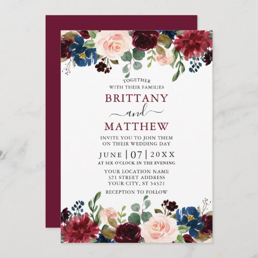 Elegantes Watercolor Mixed Floral Wedding Burgundy Einladung (Vorne/Hinten)