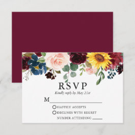 Elegantes Watercolor Mixed Floral Wedding Burgundy RSVP Karte