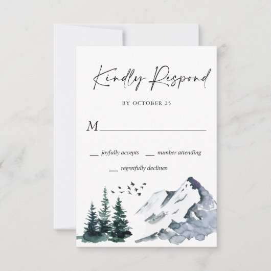 Elegantes Watercolor Mountains Forest Wedding RSVP Karte (Vorderseite)