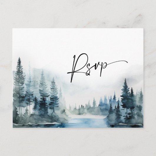 Elegantes Watercolor Mountains Forest Wedding RSVP Postkarte (Vorderseite)