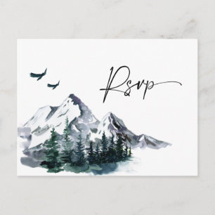 Elegantes Watercolor Mountains Forest Wedding RSVP Postkarte