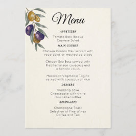 Elegantes Watercolor Olive Wedding Menu Menükarte