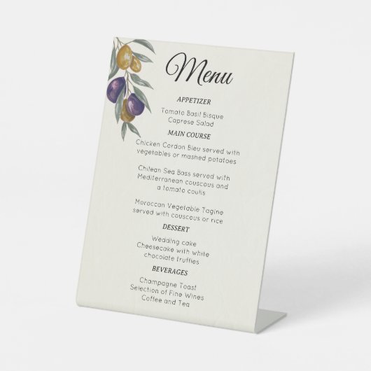 Elegantes Watercolor Olive Wedding Menu Sockelschild (Vorderseite)