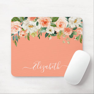 Elegantes Watercolor Peach Floral Trendy Script Mousepad